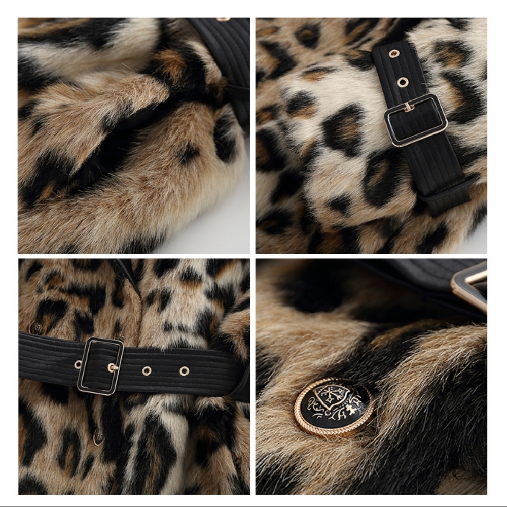 Long Leopard Print Warm Fluffy Faux Fur Trench Coat for Women - Picture 8 of 12